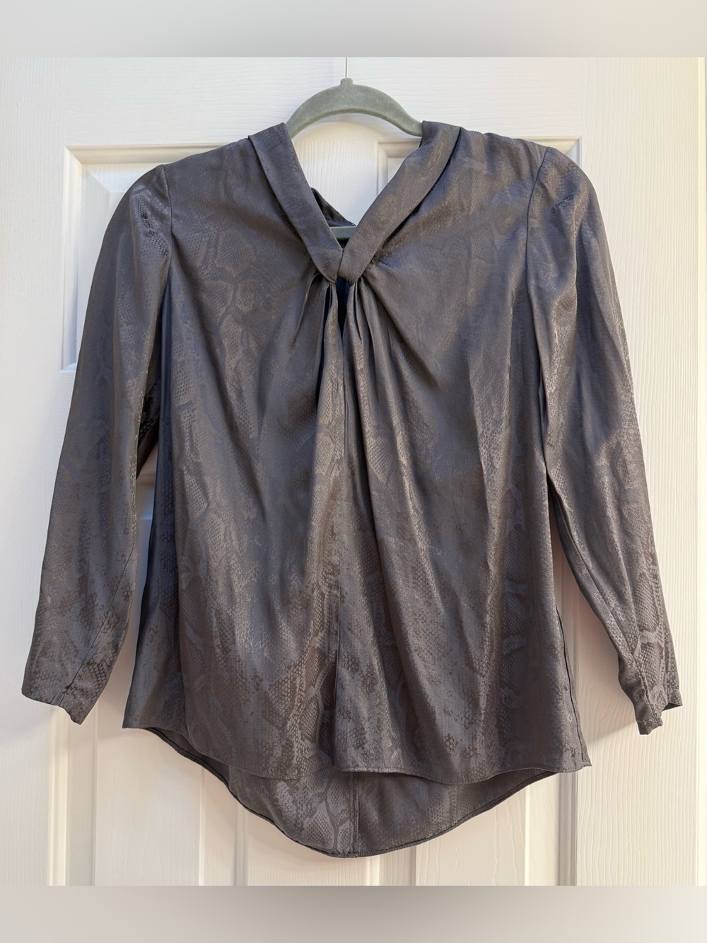 Rebecca Taylor Gray Snake Print Tie Neck 3/4 Blouse Silk Blend Size 4